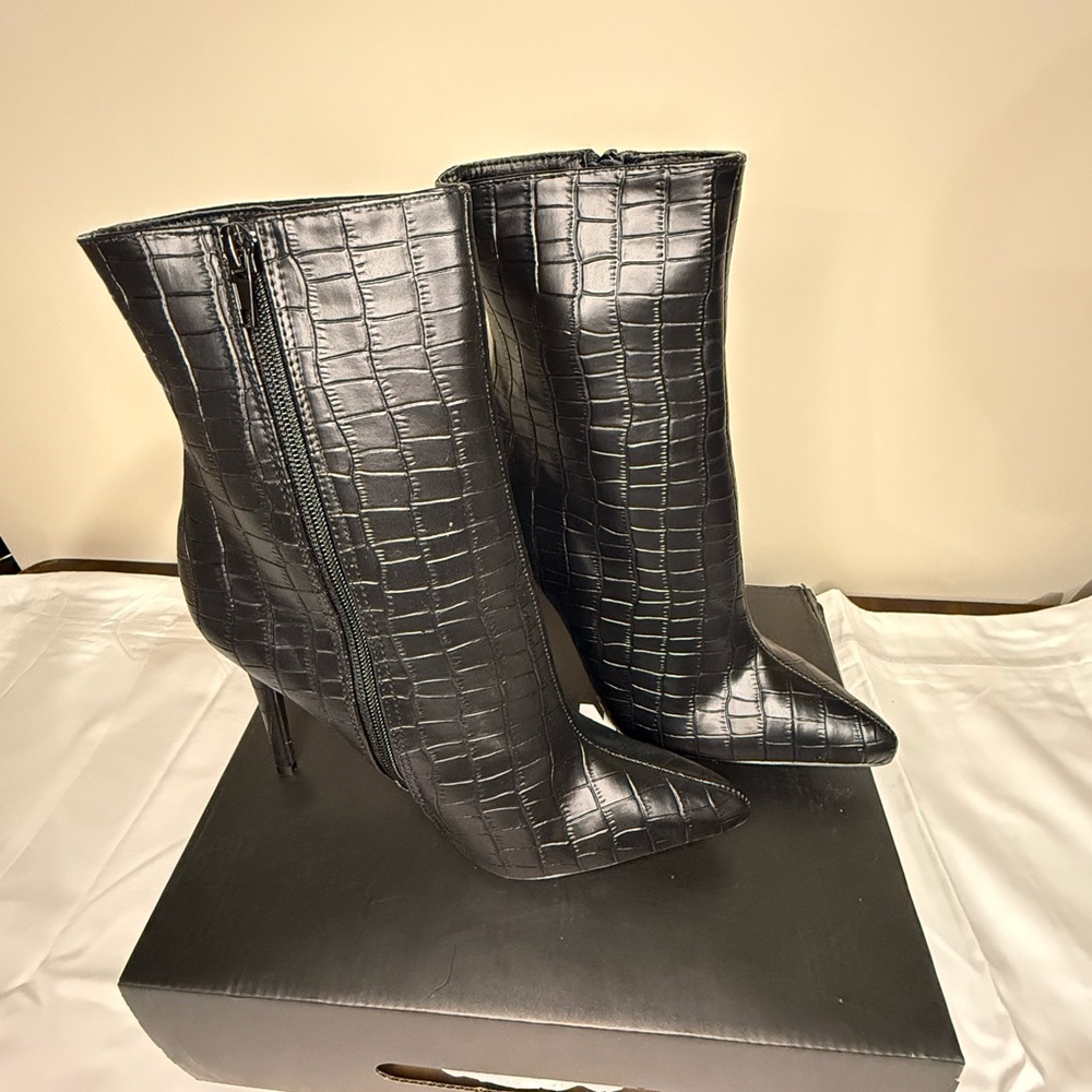 Black Croc-Embossed Ankle Boots